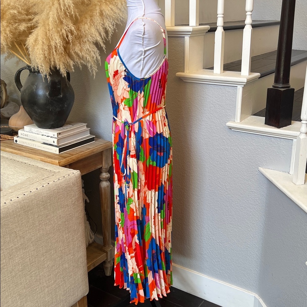 Sam Edelman Plisse Dress Retro Floral Colorful Floral Dress Size Large - Picture 6 of 10